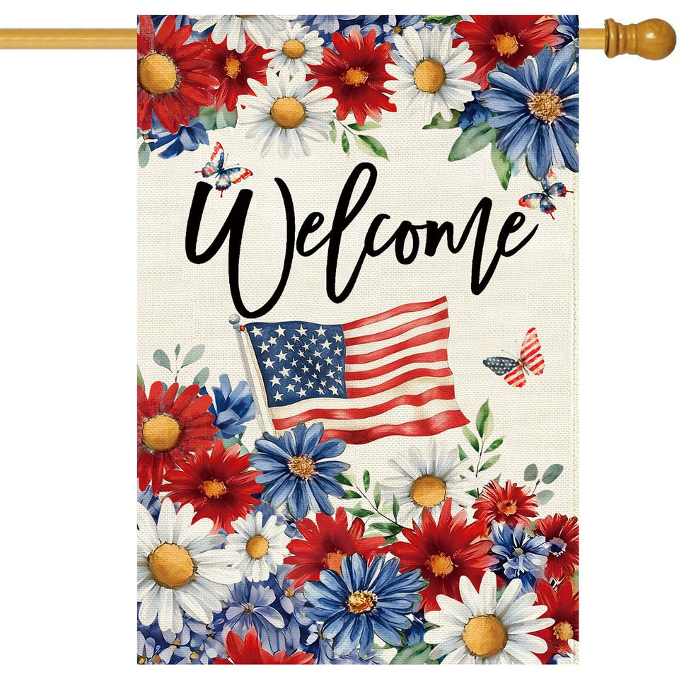 Baccessor Patriotic Daisy House Flag 28x40 front view for porch decor and outdoor flair.