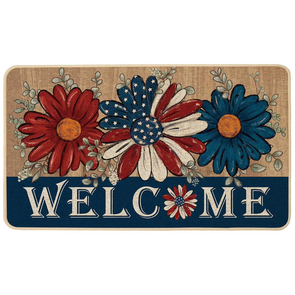 Baccessor Patriotic Daisy Welcome Doormat with a cheerful motif for indoor and outdoor entryways; dirt-resistant.