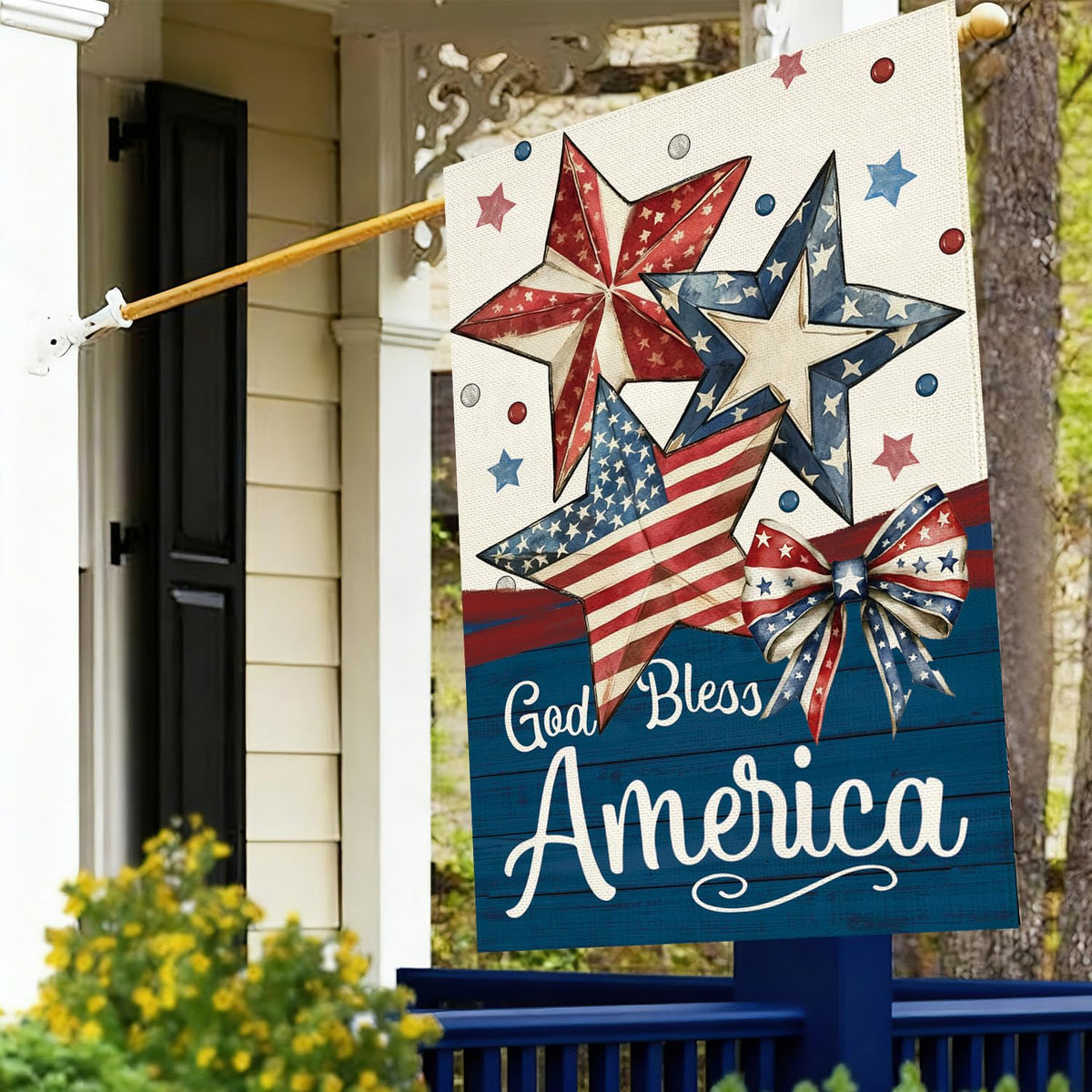 Baccessor Patriotic flag garden display showcases durable burlap material