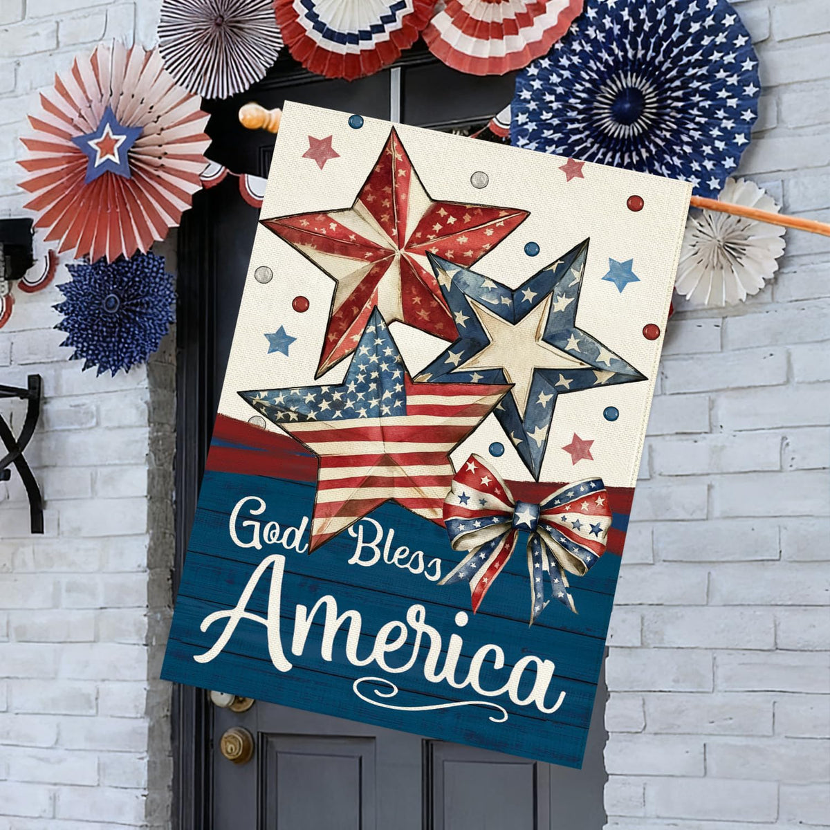 Baccessor Patriotic flag on porch entry, welcoming guests