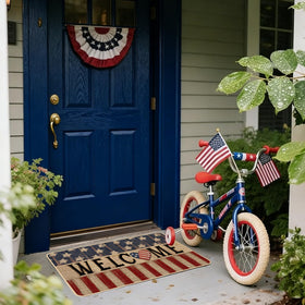 Baccessor Patriotic floral door mat for indoor or outdoor use.