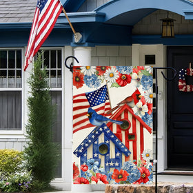 Close-up of red and blue floral accents on Baccessor patriotic flag.