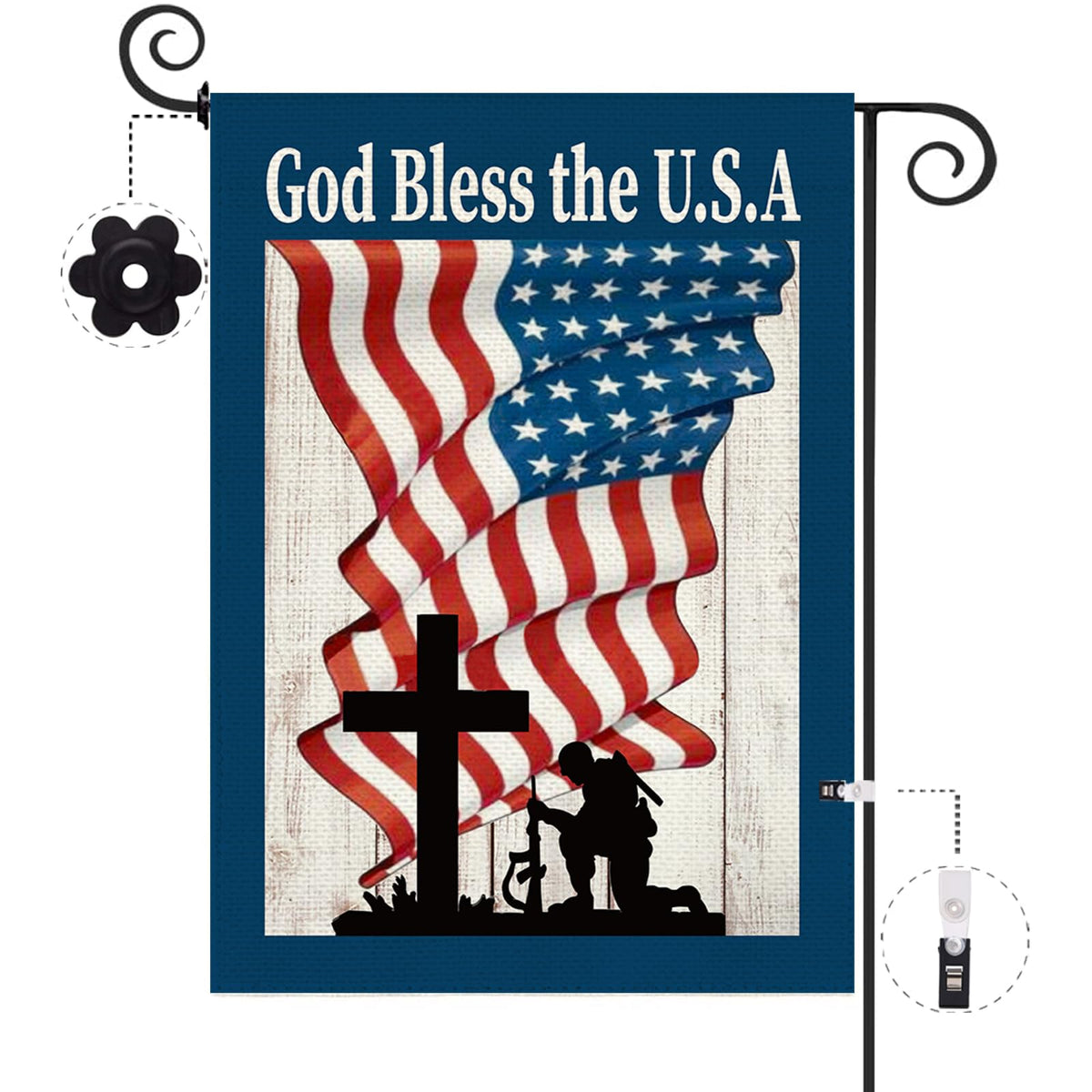 Baccessor patriotic garden flag in burlap, weatherproof and UV resistant for outdoor durability.