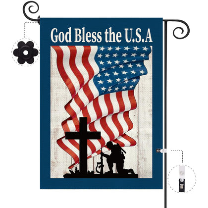 Baccessor patriotic garden flag in burlap, weatherproof and UV resistant for outdoor durability.