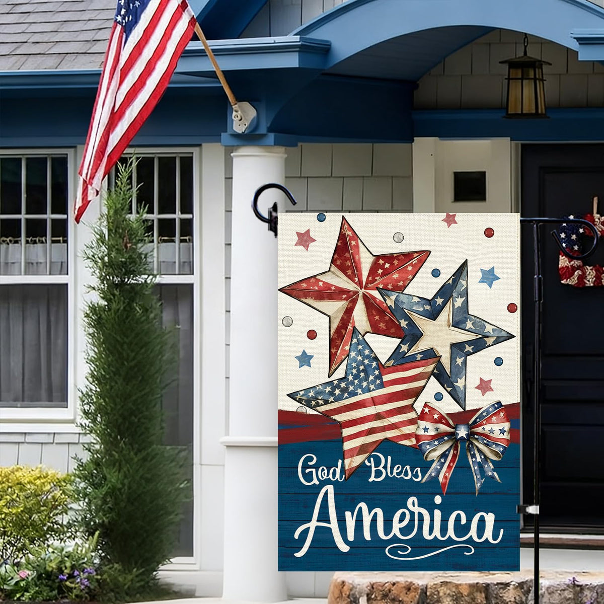 Baccessor welcome sign flag, double-sided print visible from both sides.