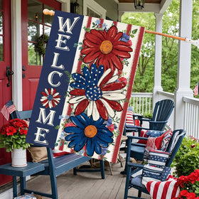 Baccessor flag close-up shows burlap texture and durable print for outdoor use.