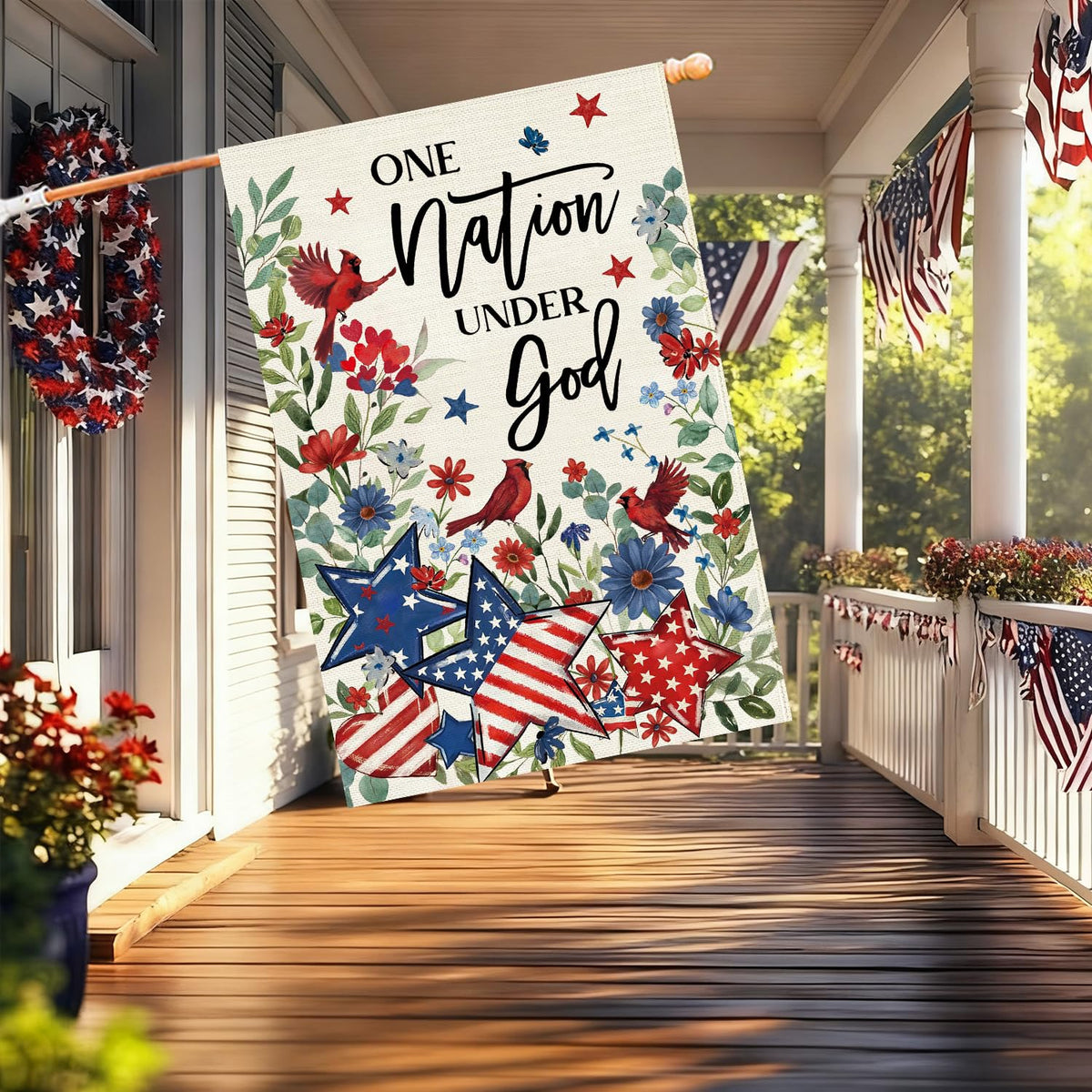 Baccessor patriotic flag with red blue florals for Memorial Day gatherings