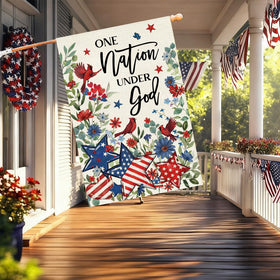 Baccessor patriotic flag with red blue florals for Memorial Day gatherings