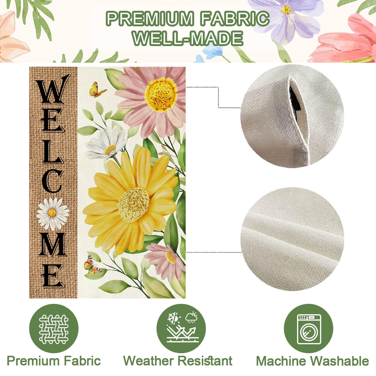 Baccessor Porch garden welcome flag mounted on entry area, 28x40 size