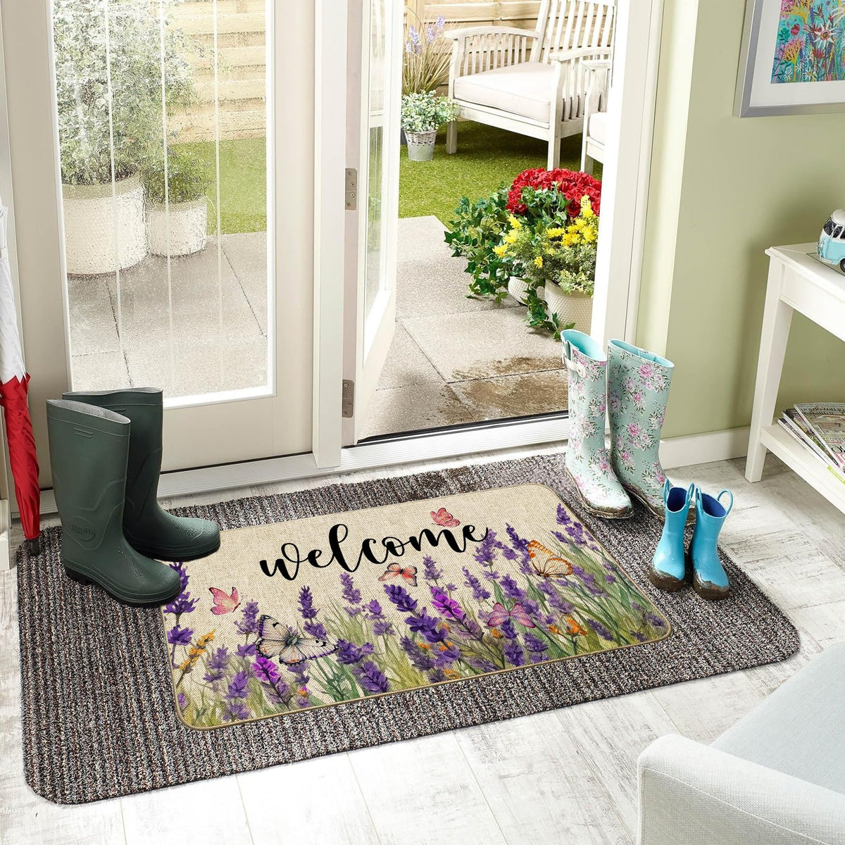 Baccessor Doormat features purple flowers and butterflies for curb appeal and welcome warmth.