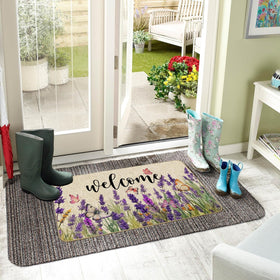 Baccessor Doormat features purple flowers and butterflies for curb appeal and welcome warmth.