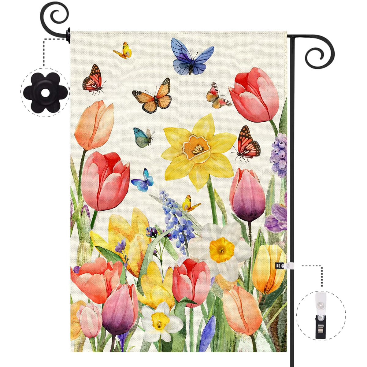 Baccessor Spring Easter Tulip Garden Flag, double-sided burlap, welcoming guests from every angle.