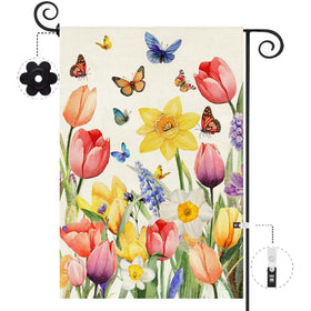 Baccessor Spring Easter Tulip Garden Flag, double-sided burlap, welcoming guests from every angle.