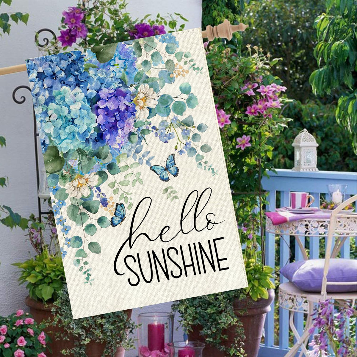 Baccessor Spring hydrangea flag back view showing double-sided print
