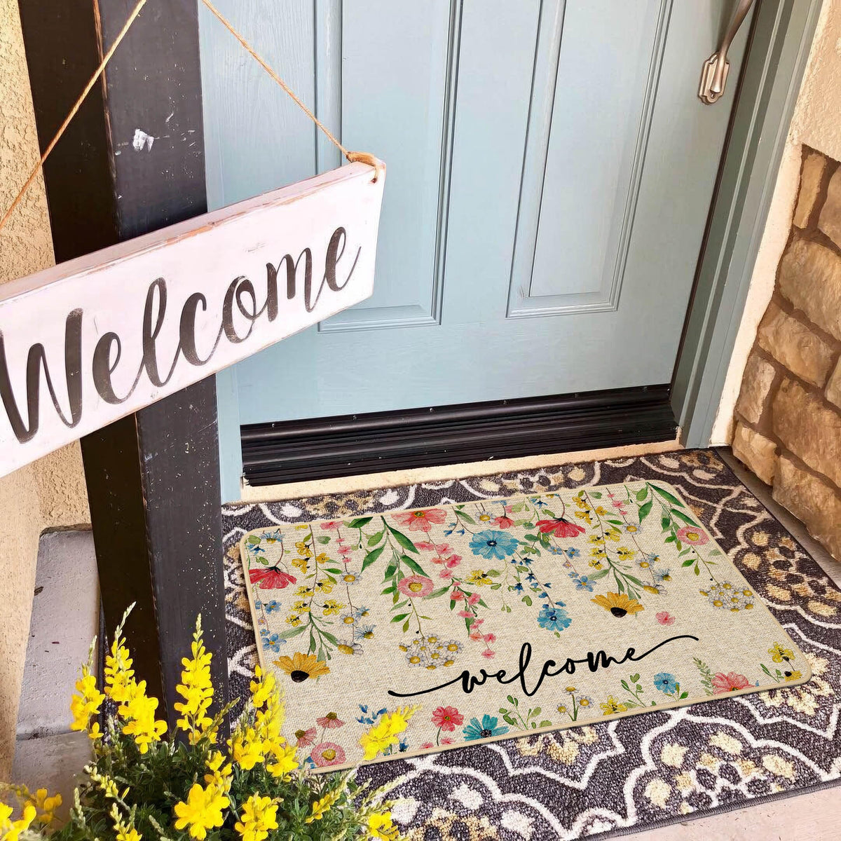 Baccessor Spring Floral Welcome Doormat low-profile 0.25 inch for easy door clearance