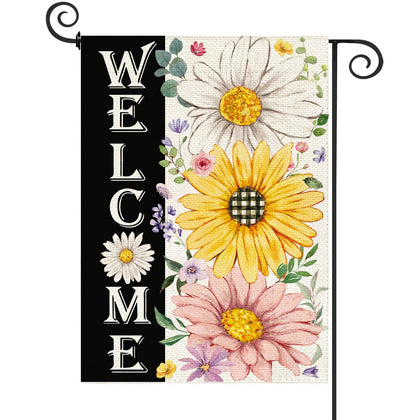 Baccessor spring garden flag with daisies, front view, welcoming guests.