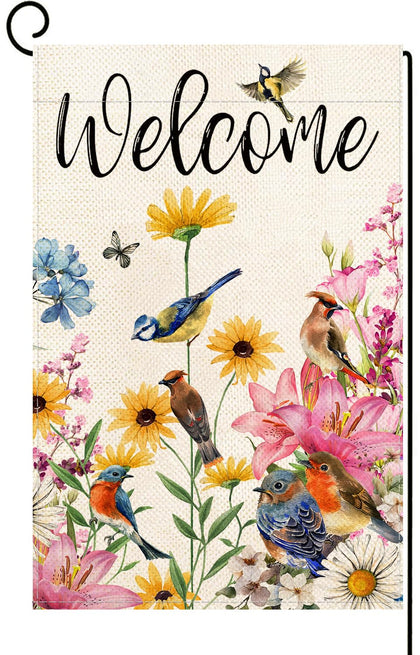 Baccessor spring garden flag with floral birds welcomes guests outdoors.