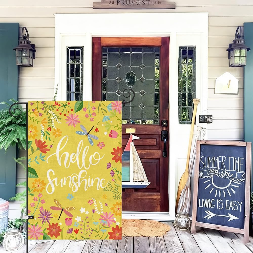 Baccessor Hello Sunshine flag back view showing consistent messaging from any yard angle.