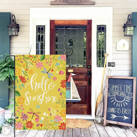 Baccessor Hello Sunshine flag back view showing consistent messaging from any yard angle.