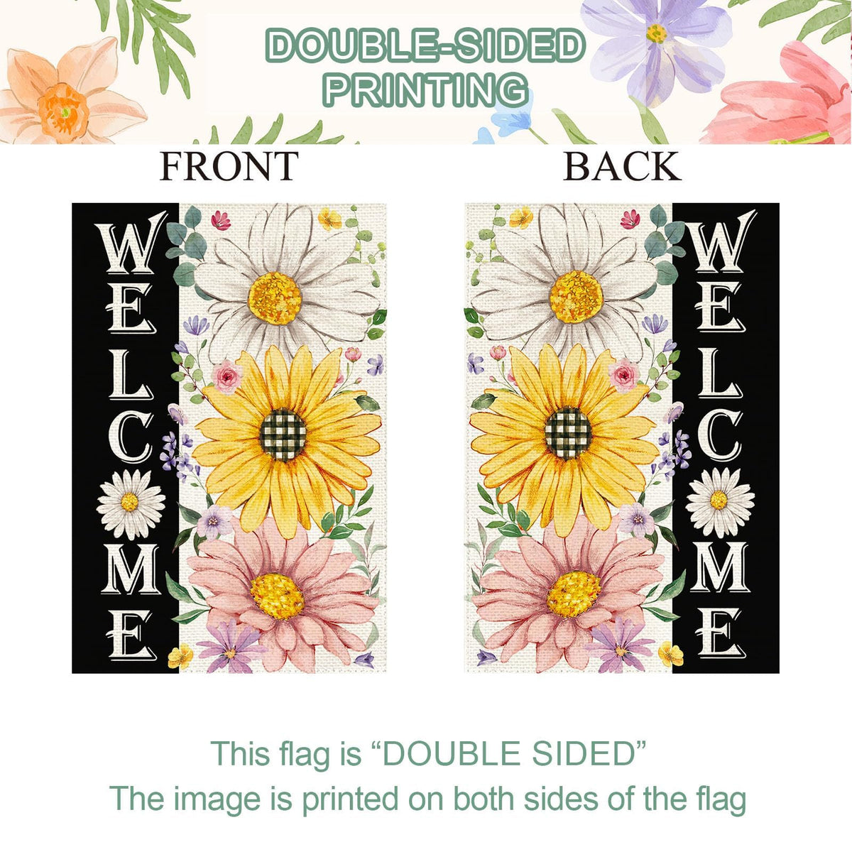 Baccessor welcome flag with daisy design for outdoors.