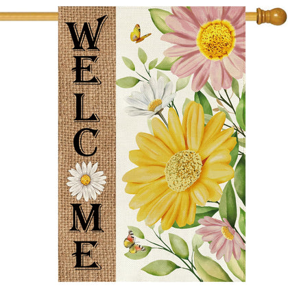 Baccessor Spring House Flag with daisy design, front view showing double-sided print and vibrant color