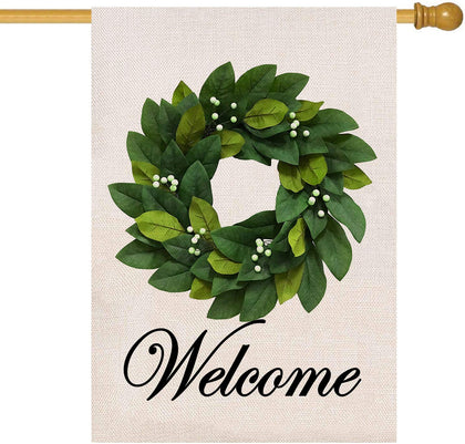 Baccessor Magnolia Leaves Welcome flag on 28x40 burlap, ideal for yard decor.