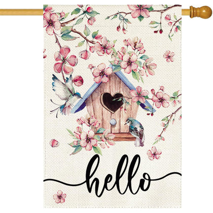 Baccessor Spring House Flag with pink cherry blossoms and birdhouse, welcoming outdoor guests