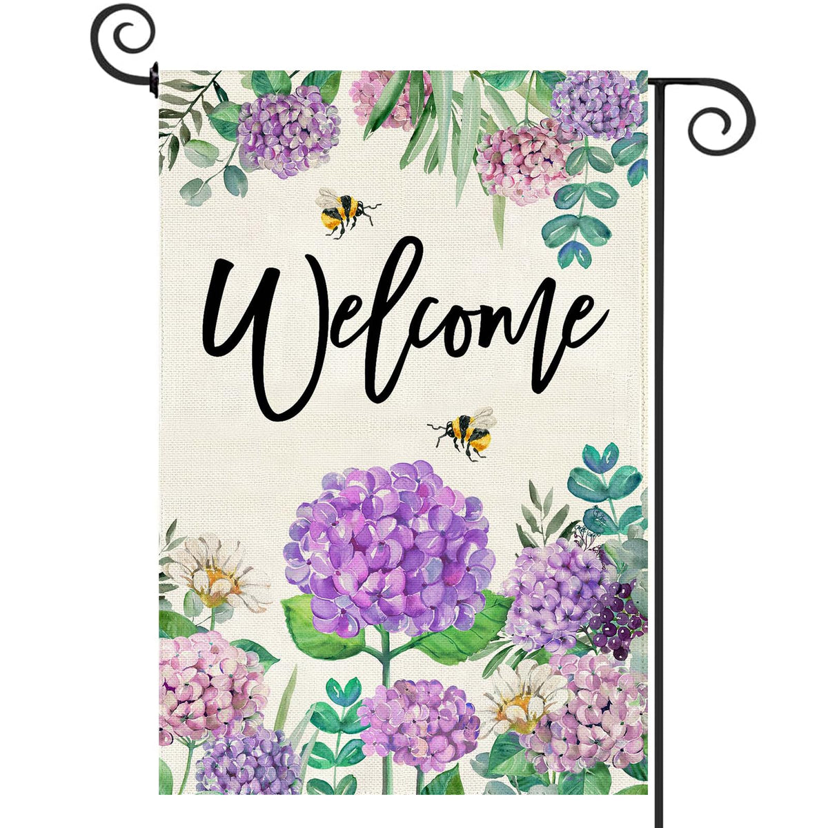 Baccessor Spring Hydrangea Garden Flag front view with double-sided print welcoming guests.