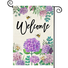 Baccessor Spring Hydrangea Garden Flag front view with double-sided print welcoming guests.