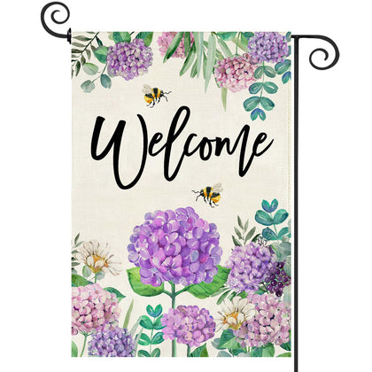 Baccessor Spring Hydrangea Garden Flag front view with double-sided print welcoming guests.