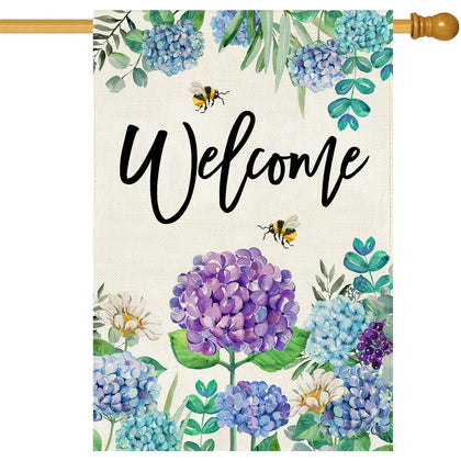 Baccessor Spring Hydrangea flag front view for porch welcoming guests outdoors.