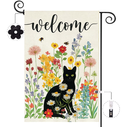 Baccessor flag front view with floral welcome and black cat design for curb appeal
