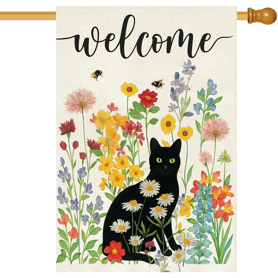 Baccessor Spring Summer black cat flag, double-sided burlap, vibrant welcome from any angle.
