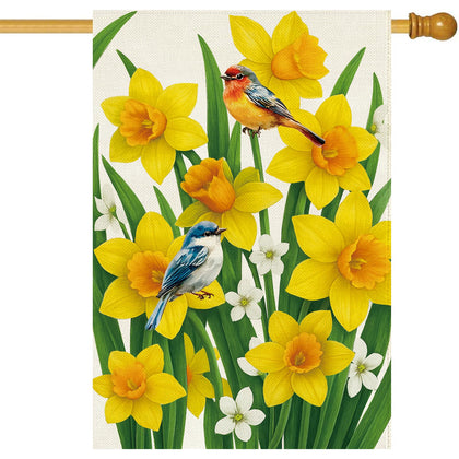 Baccessor flag with bluebirds and daffodils, durable outdoor charm