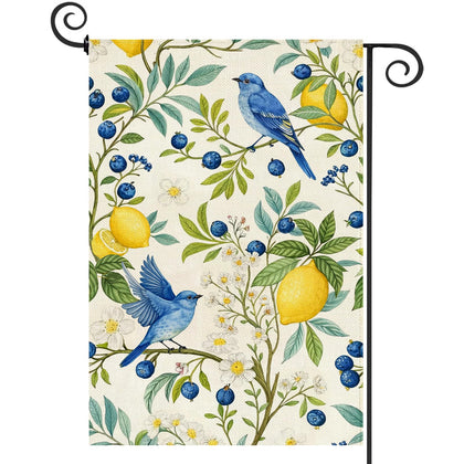 Baccessor flag featuring lemon and blueberries bird design to welcome outdoor spaces