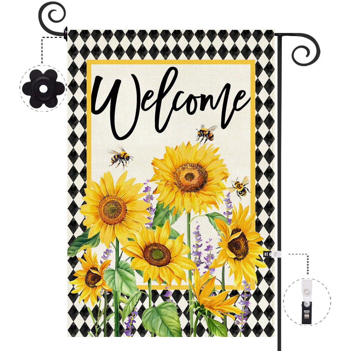 Baccessor sunflowers garden flag welcomes guests outdoors.