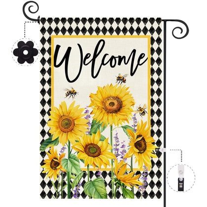 Baccessor sunflowers garden flag welcomes guests outdoors.