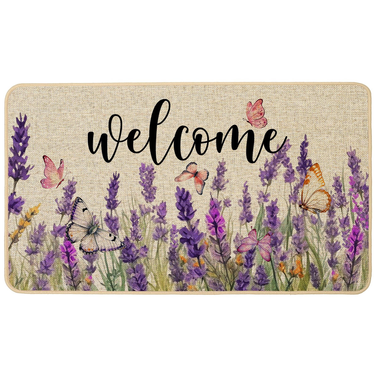 Baccessor Spring Summer Lavender Doormat greets guests with a dirt-trapping burlap surface.