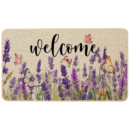Baccessor Spring Summer Lavender Doormat greets guests with a dirt-trapping burlap surface.