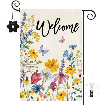 Brand Baccessor spring welcome flag shows floral leaves, double sided for visibility from all angles.