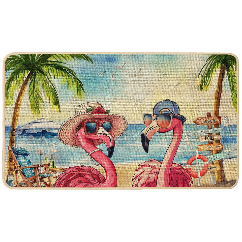 Baccessor Summer Flamingo Doormat on the front porch welcomes guests with a tropical flair.