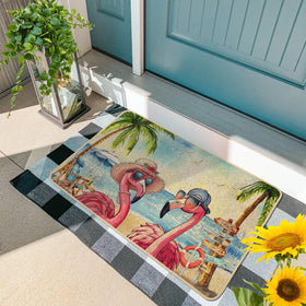 Baccessor Flamingo doormat outdoors shows a beachy vibe and welcoming style.