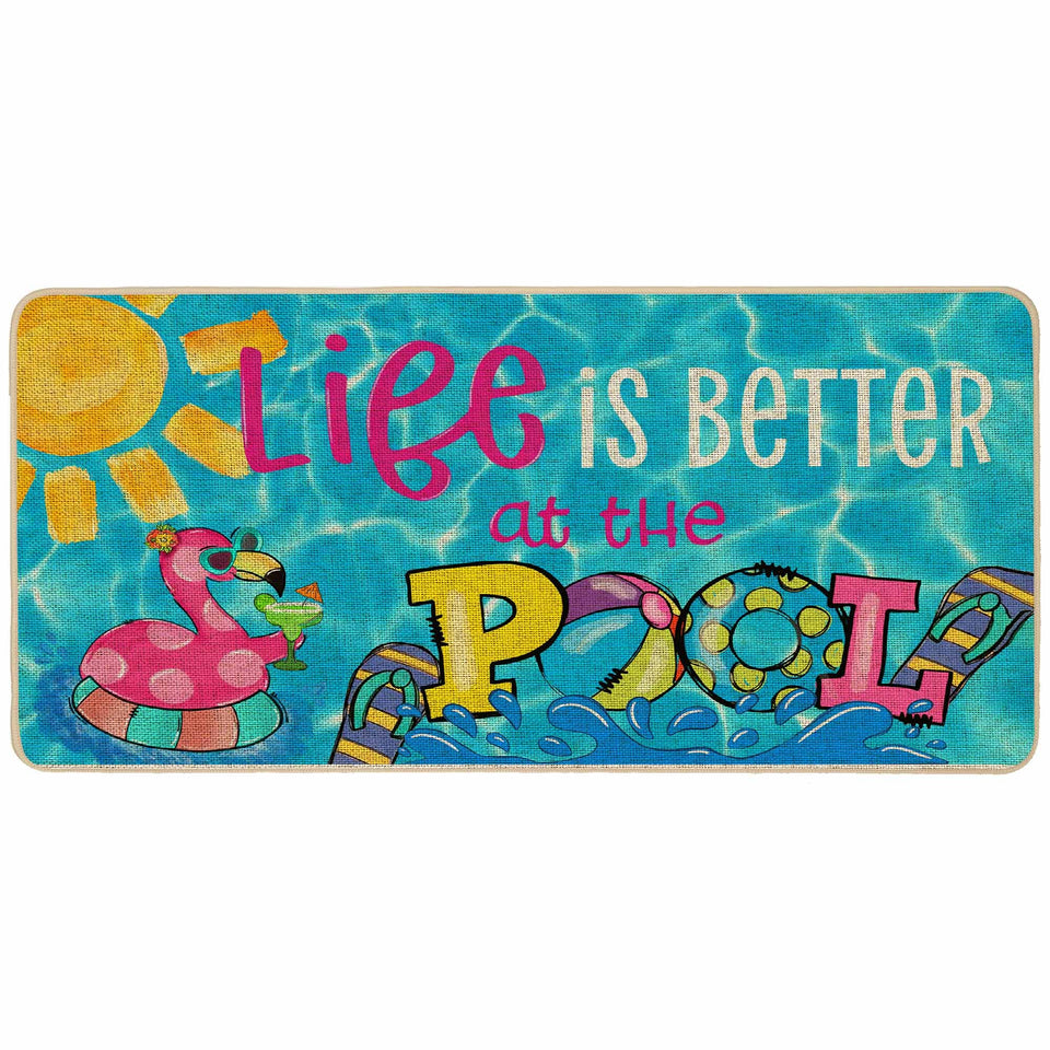 Baccessor summer pool doormat with flamingo design welcoming guests at the entry.
