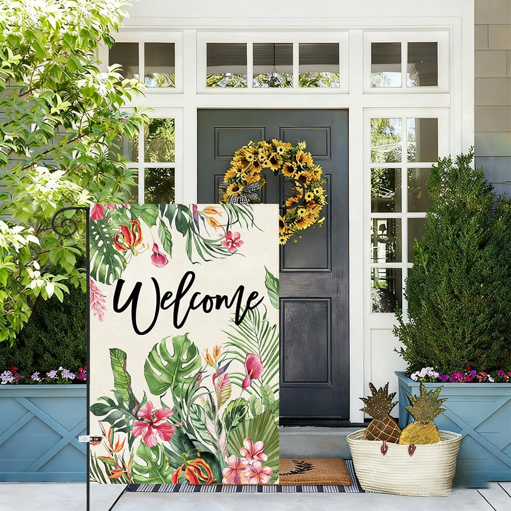 Double-sided burlap flag shows bright welcome from every angle outdoors