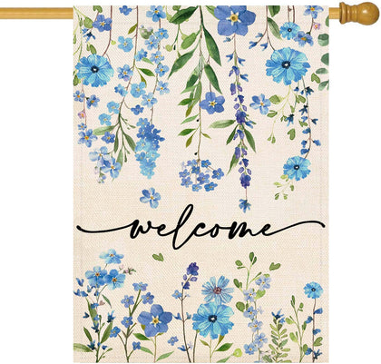 Baccessor summer welcome flag 28x40 with blue floral design, double-sided visibility in the garden