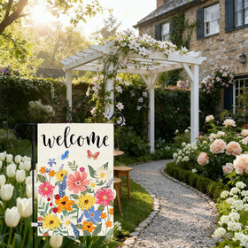 Baccessor weatherproof burlap flag, built for wind and rain outdoors.