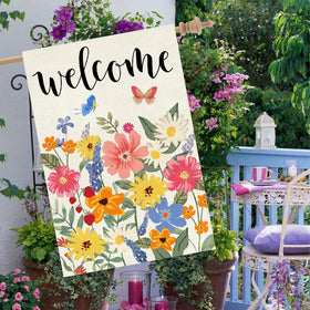 Baccessor welcome flag 28x40 close-up shows durable burlap weave and color depth
