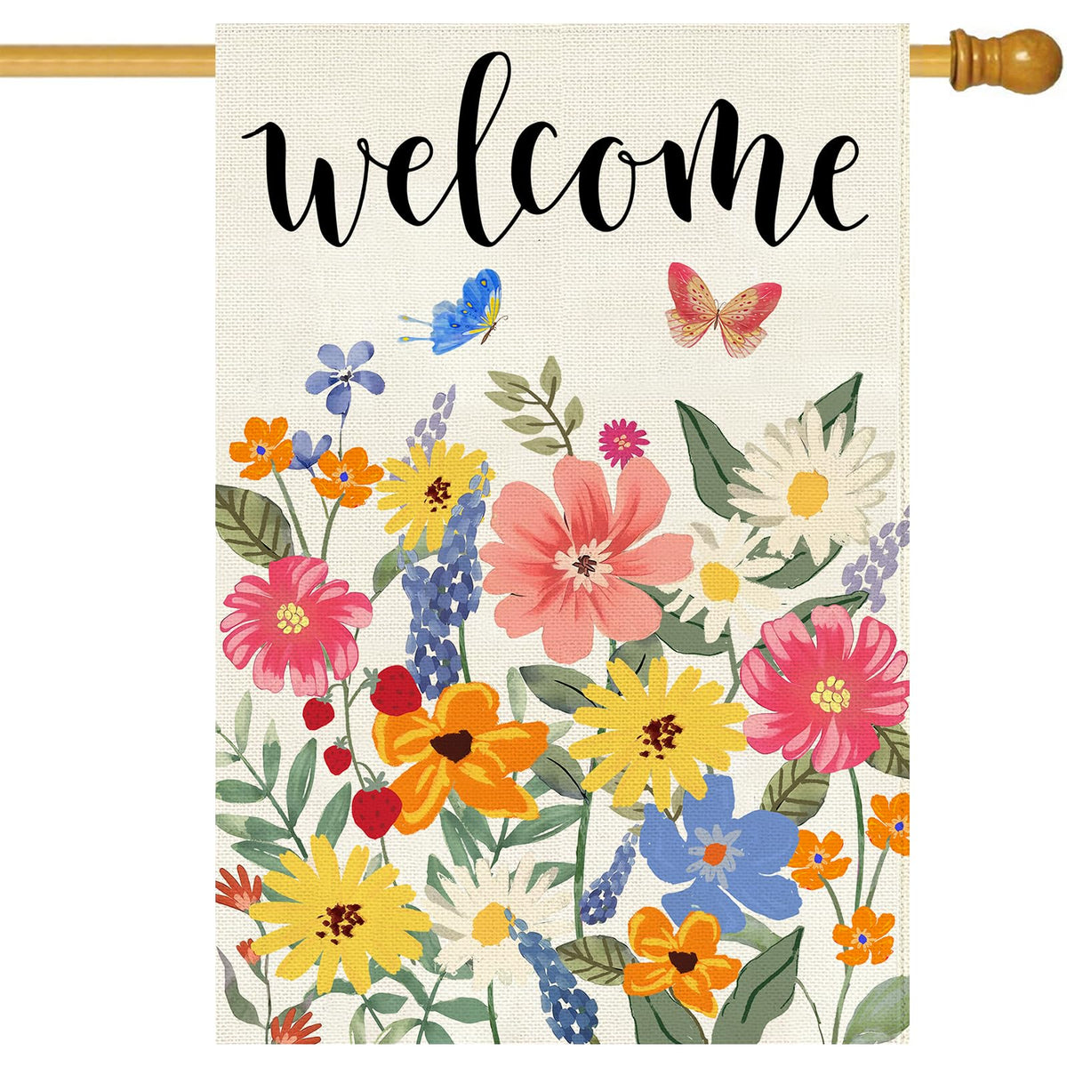 Baccessor welcome flag 28x40 front view with lush burlap and vivid butterflies