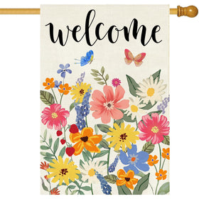 Baccessor welcome flag 28x40 front view with lush burlap and vivid butterflies