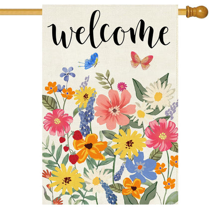Baccessor welcome flag 28x40 front view with lush burlap and vivid butterflies
